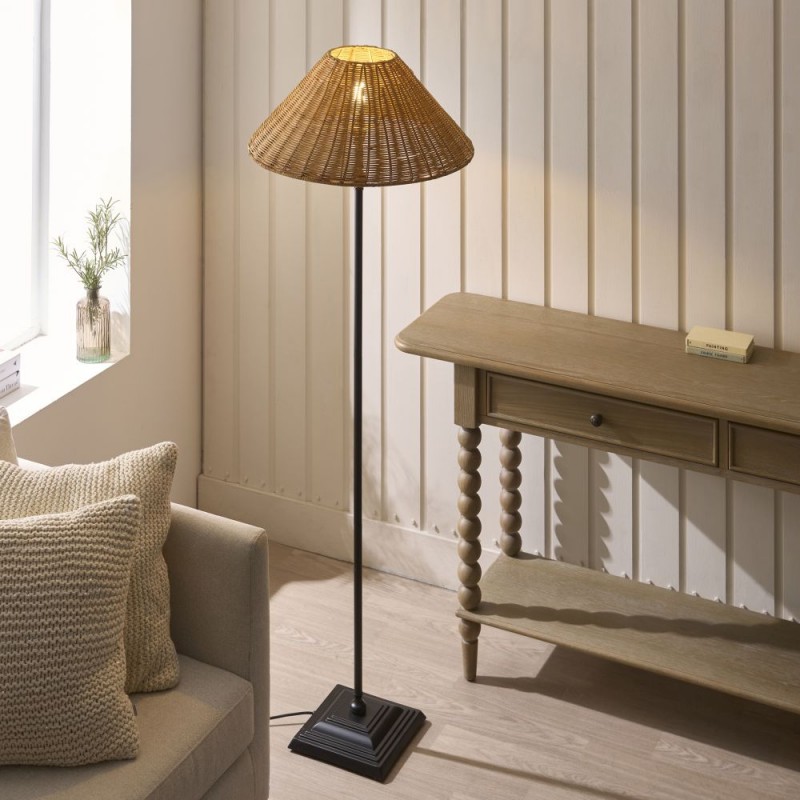Endon-125443 - Jericho - Matt Black Floor Lamp with Brown Rattan