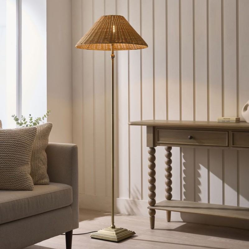 Endon-125444 - Jericho - Antique Brass Floor Lamp with Brown Rattan