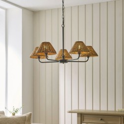 Jericho - Matt Black 5 Light Centre Fitting with Brown Rattan
