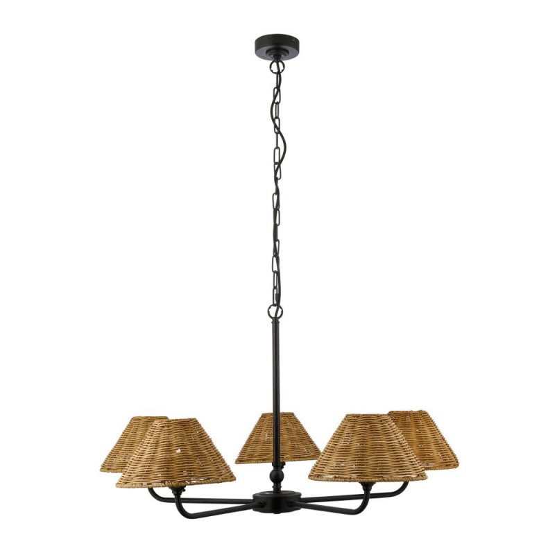 Endon-125445 - Jericho - Matt Black 5 Light Centre Fitting with Brown Rattan