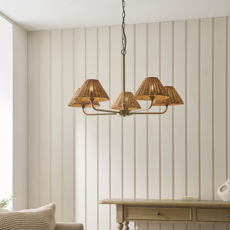 Endon-125446 - Jericho - Antique Brass 5 Light Centre Fitting with Brown Rattan