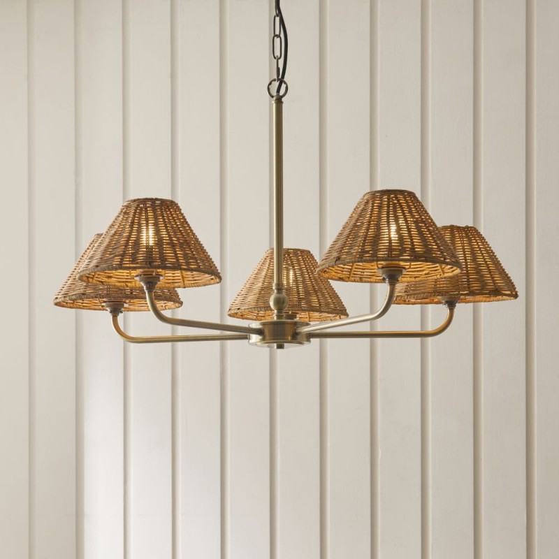 Endon-125446 - Jericho - Antique Brass 5 Light Centre Fitting with Brown Rattan