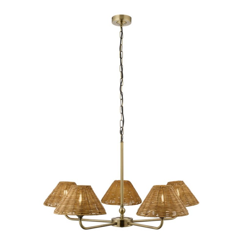 Endon-125446 - Jericho - Antique Brass 5 Light Centre Fitting with Brown Rattan