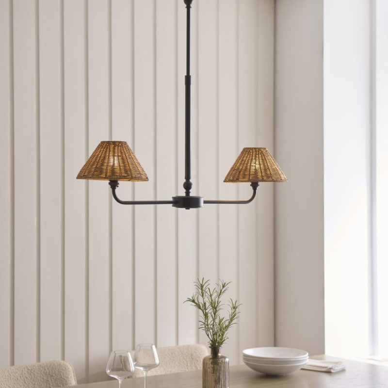 Endon-125447 - Jericho - Matt Black 2 Light over Island Fitting with Brown Rattan