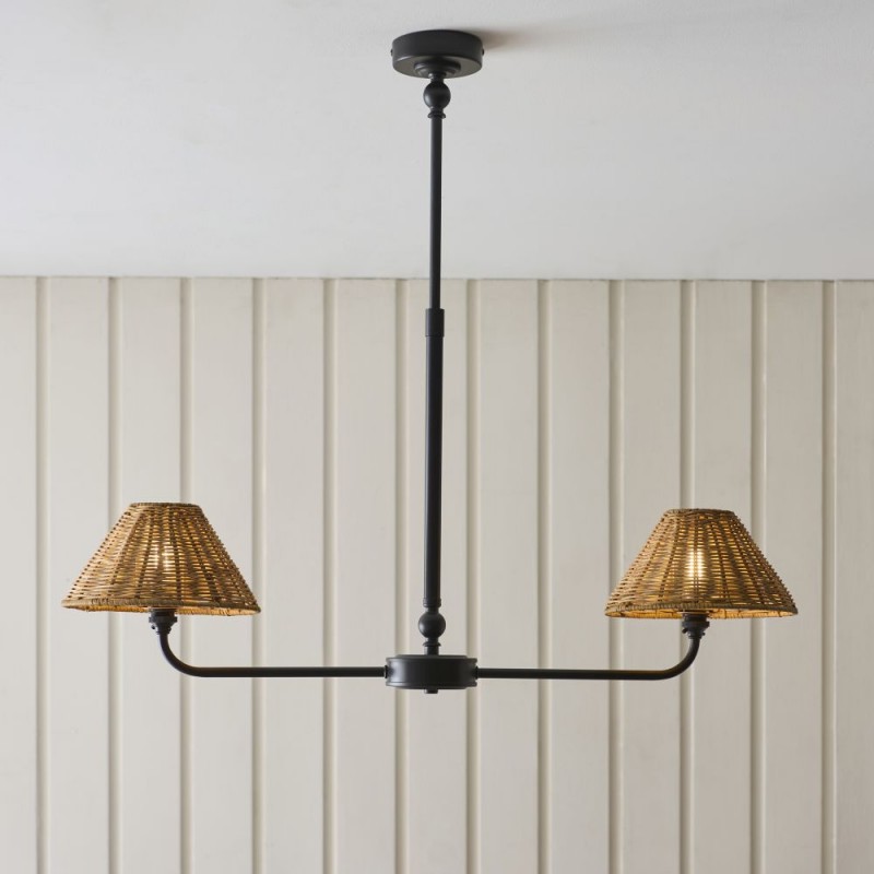 Endon-125447 - Jericho - Matt Black 2 Light over Island Fitting with Brown Rattan