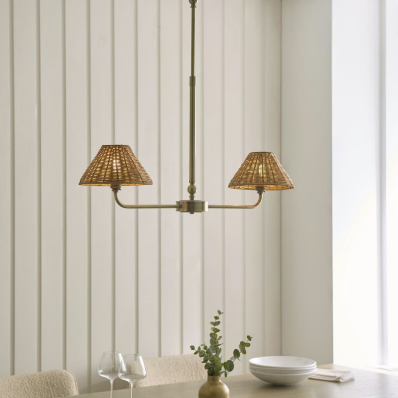 Endon-125448 - Jericho - Antique Brass 2 Light over Island Fitting with Brown Rattan