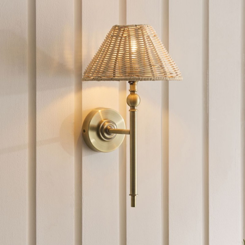 Endon-125450 - Jericho - Antique Brass Wall Lamp with Natural Rattan