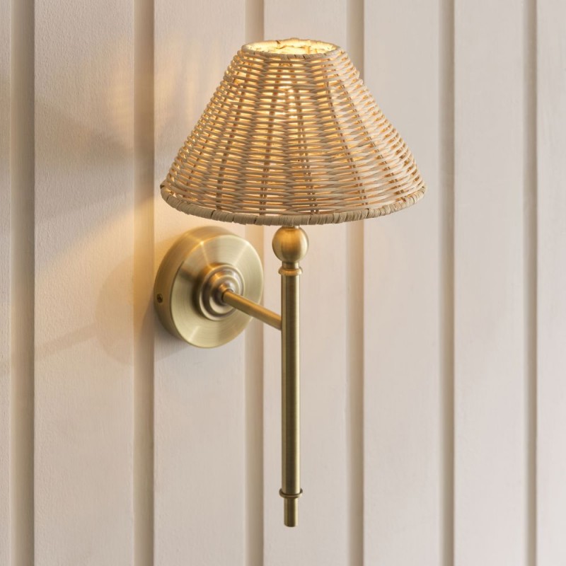 Endon-125450 - Jericho - Antique Brass Wall Lamp with Natural Rattan
