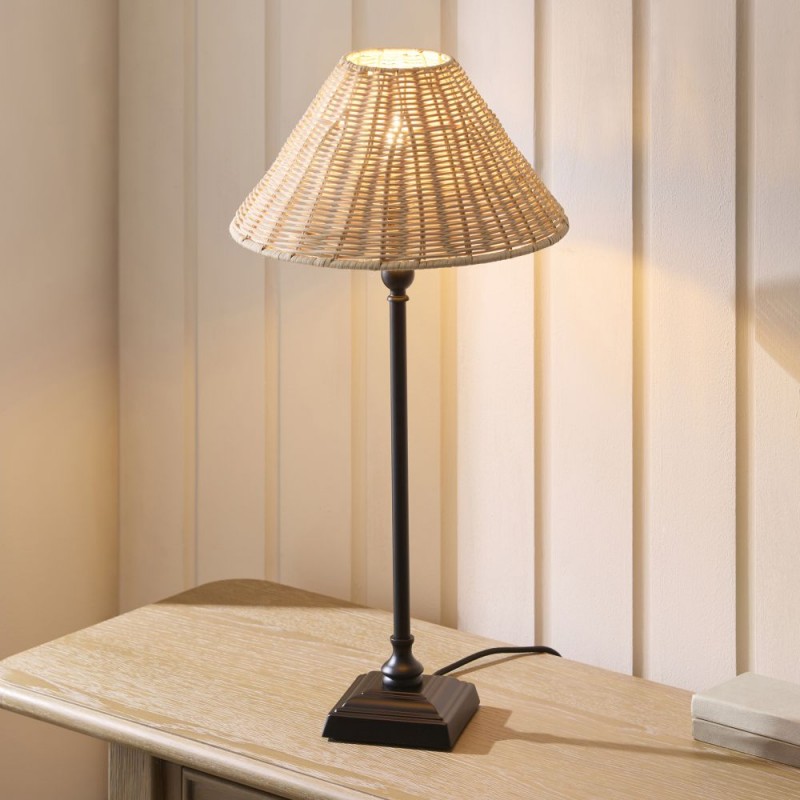Endon-125451 - Jericho - Matt Black Table Lamp with Natural Rattan
