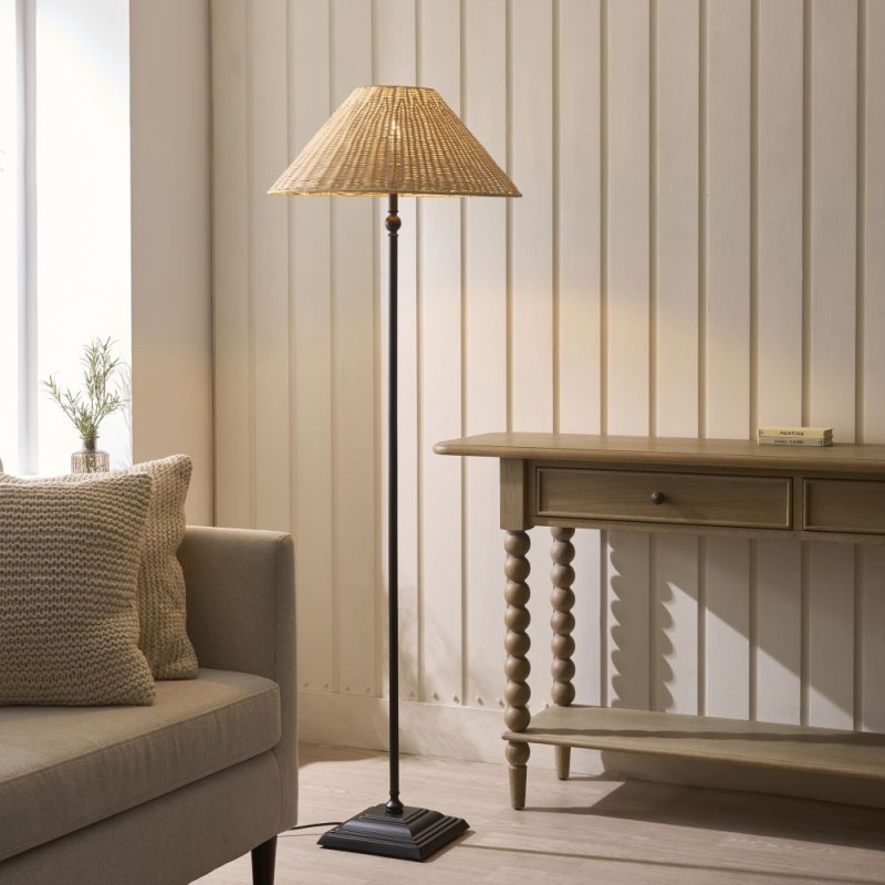 Endon-125453 - Jericho - Matt Black Floor Lamp with Natural Rattan