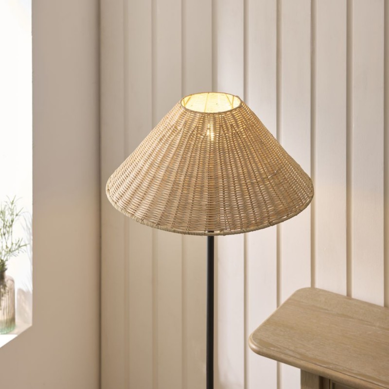 Endon-125453 - Jericho - Matt Black Floor Lamp with Natural Rattan