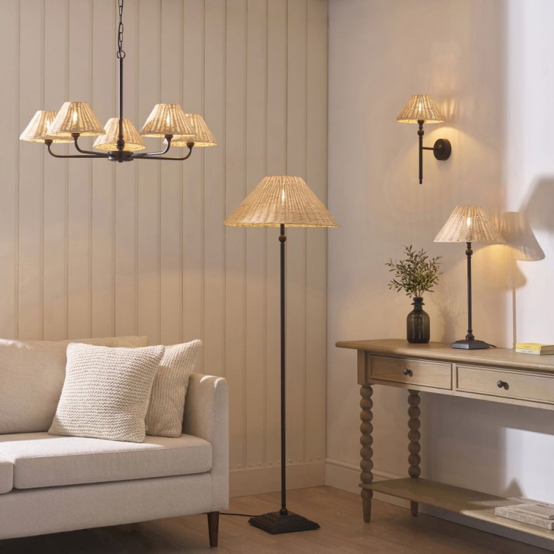 Endon-125453 - Jericho - Matt Black Floor Lamp with Natural Rattan