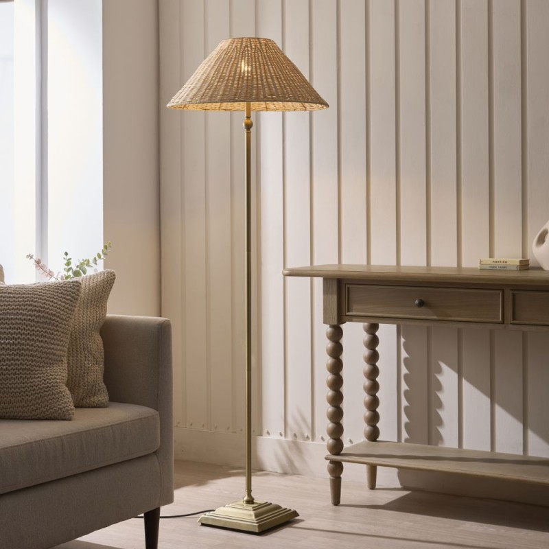 Endon-125454 - Jericho - Antique Brass Floor Lamp with Natural Rattan