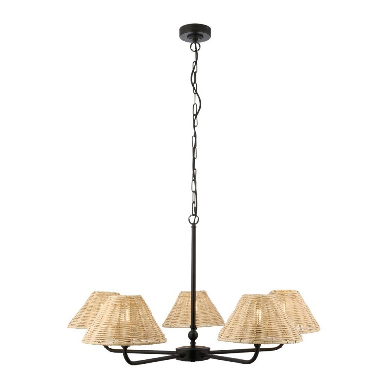 Endon-125455 - Jericho - Matt Black 5 Light Centre Fitting with Natural Rattan