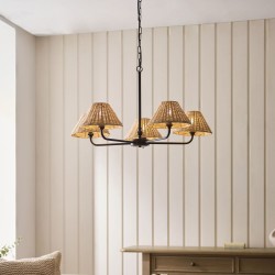 Jericho - Matt Black 5 Light Centre Fitting with Natural Rattan