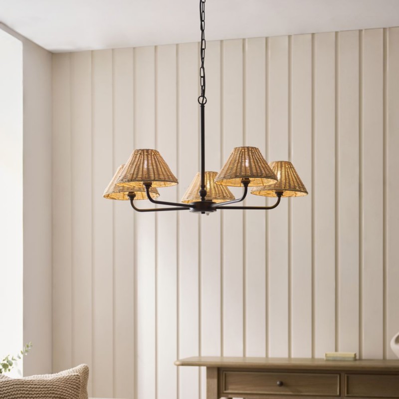 Endon-125455 - Jericho - Matt Black 5 Light Centre Fitting with Natural Rattan