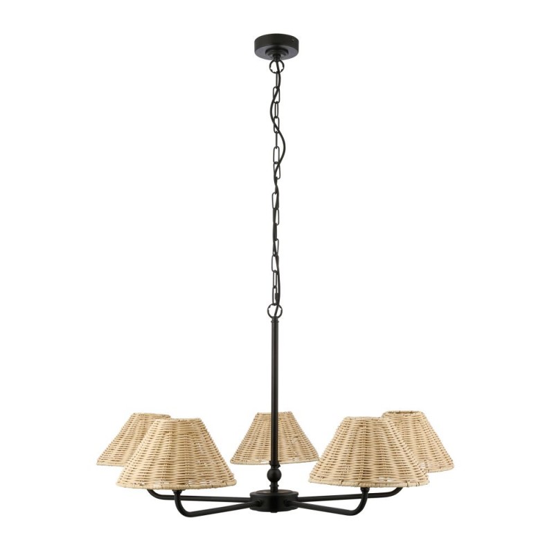 Endon-125455 - Jericho - Matt Black 5 Light Centre Fitting with Natural Rattan