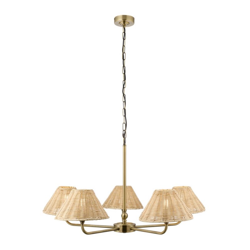Endon-125456 - Jericho - Antique Brass 5 Light Centre Fitting with Natural Rattan