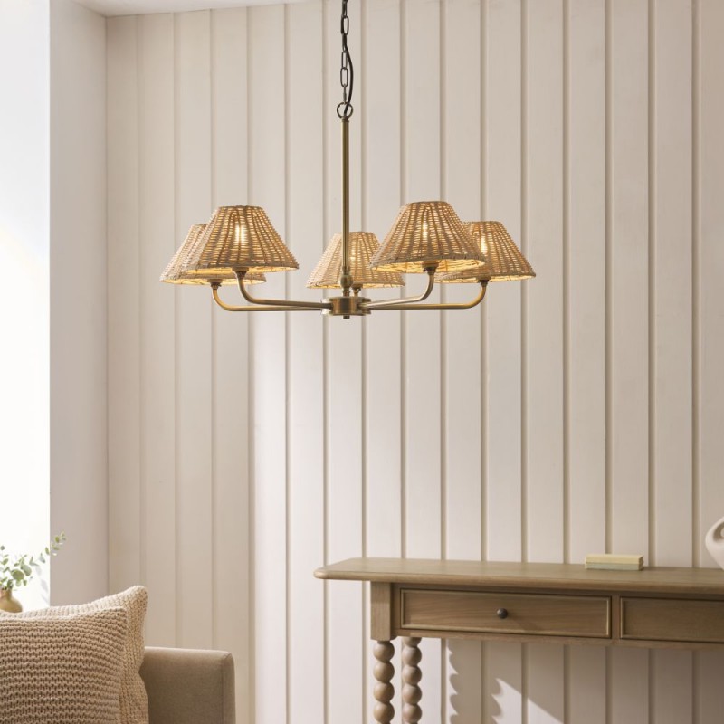 Endon-125456 - Jericho - Antique Brass 5 Light Centre Fitting with Natural Rattan