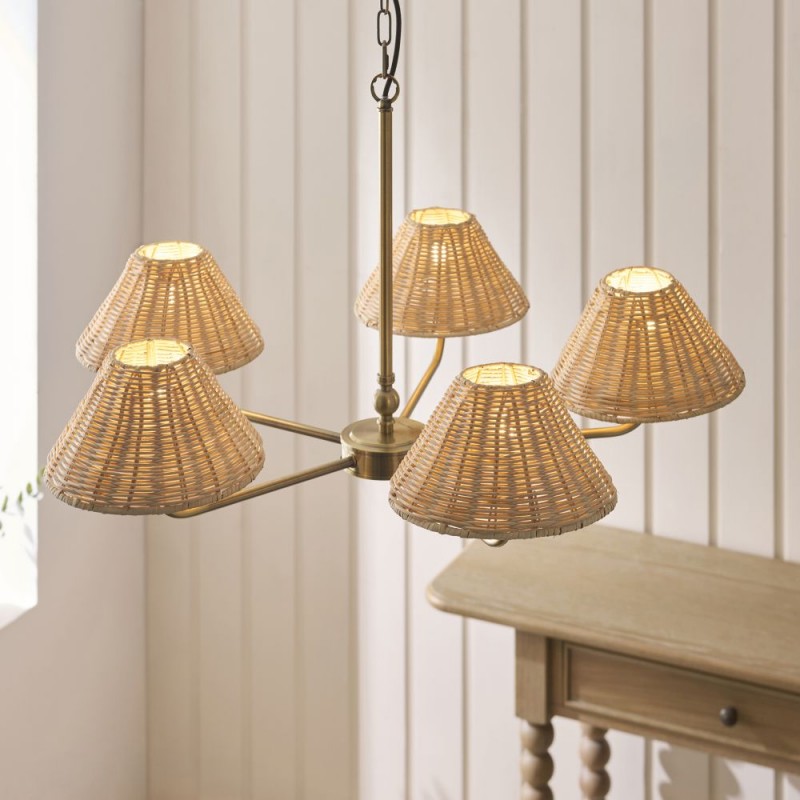 Endon-125456 - Jericho - Antique Brass 5 Light Centre Fitting with Natural Rattan