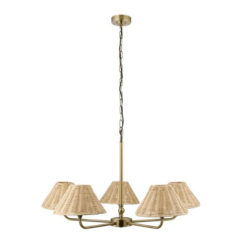 Endon-125456 - Jericho - Antique Brass 5 Light Centre Fitting with Natural Rattan