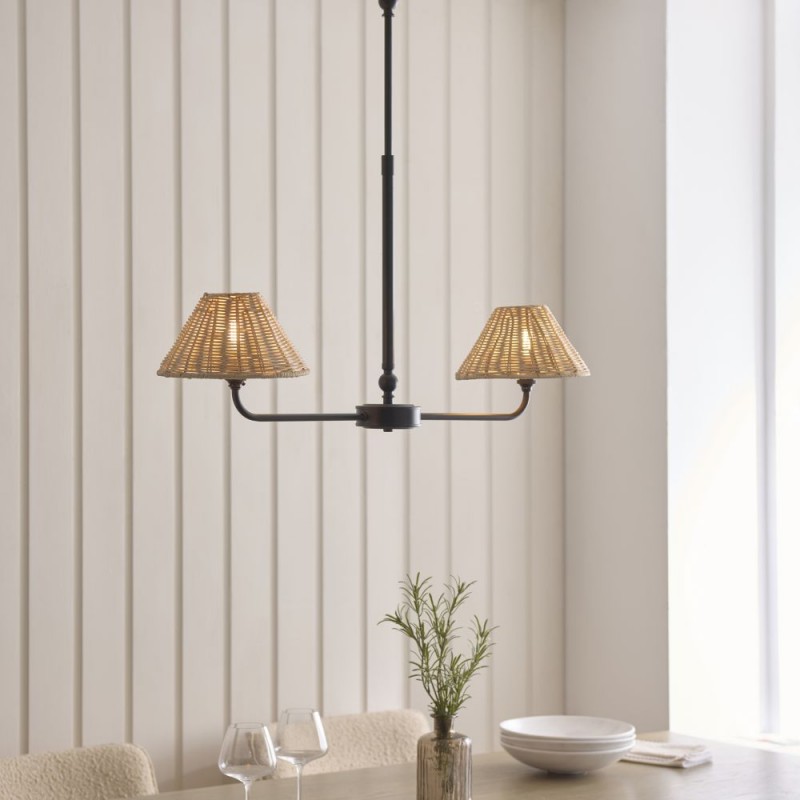 Endon-125457 - Jericho - Matt Black 2 Light over Island Fitting with Natural Rattan