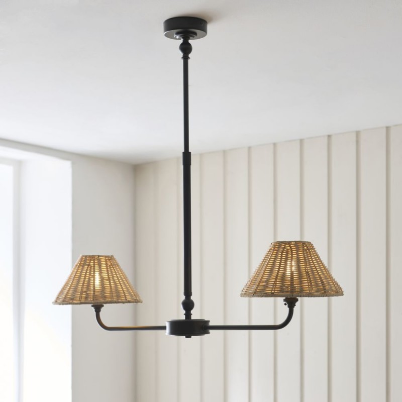 Endon-125457 - Jericho - Matt Black 2 Light over Island Fitting with Natural Rattan
