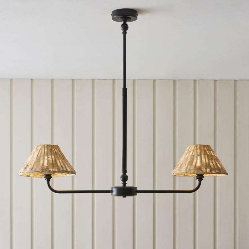 Endon-125457 - Jericho - Matt Black 2 Light over Island Fitting with Natural Rattan