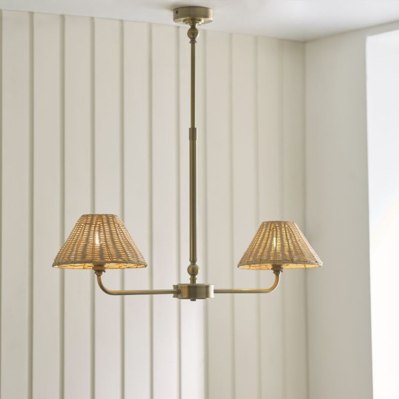 Endon-125458 - Jericho - Antique Brass 2 Light over Island Fitting with Natural Rattan