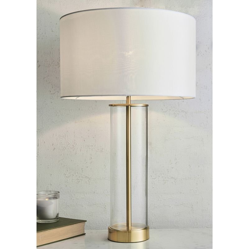 Endon-68802 - Lessina - Clear Glass with Satin Brass Table Lamp with Vintage White Shade