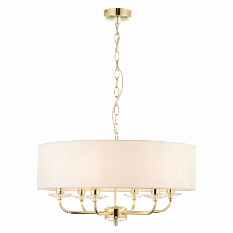 Endon-70561 - Nixon - Brass & Crystal 6 Light Pendant with Vintage White Shade
