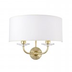 Nixon - Brass Twin Wall Lamp with Crystal & Vintage White Shade Nixon - Brass Twin Wall Lamp with Crystal & Vintage White Shade