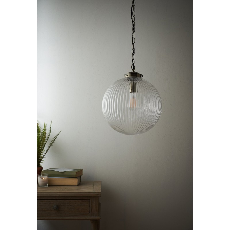 Endon-71124 - Brydon - Antique Brass Big Pendant with Clear Ribbed Glass