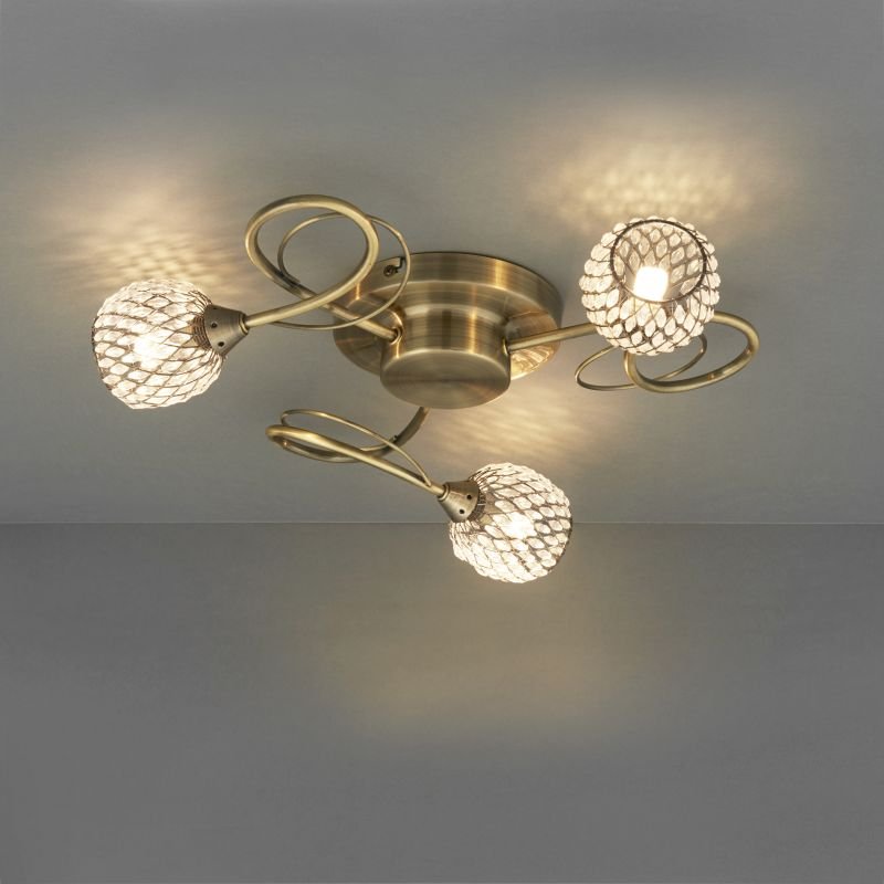 Endon-73758 - Aherne - Decorative Glass with Antique Brass 3 Light Centre Fitting