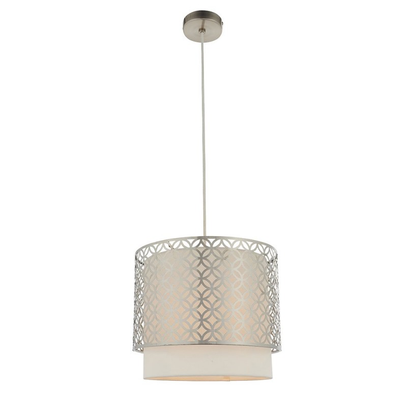 Ceiling Lights - Gilli - Vintage White Linen with Satin Nickel Single Pendant Endon-78726 - Gilli - Vintage White Linen with Satin Nickel Single Pendant
