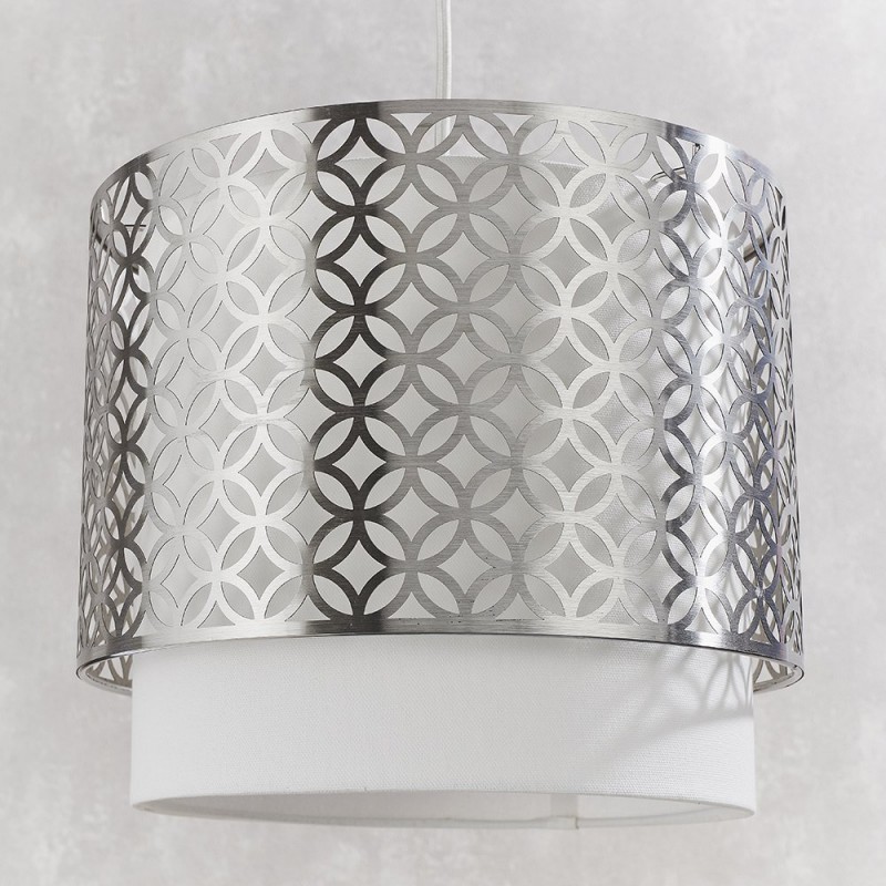Ceiling Lights - Gilli - Vintage White Linen with Satin Nickel Single Pendant Endon-78726 - Gilli - Vintage White Linen with Satin Nickel Single Pendant