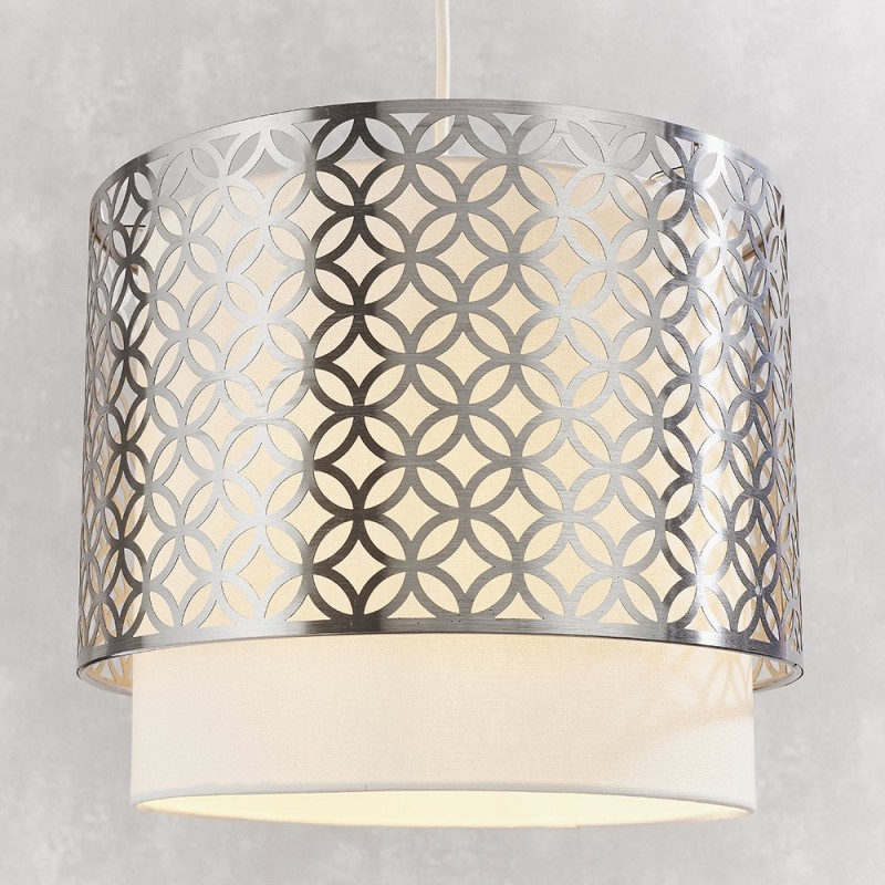 Ceiling Lights - Gilli - Vintage White Linen with Satin Nickel Single Pendant Endon-78726 - Gilli - Vintage White Linen with Satin Nickel Single Pendant