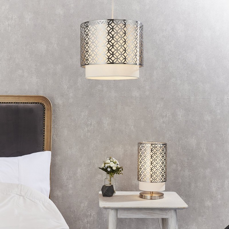 Ceiling Lights - Gilli - Vintage White Linen with Satin Nickel Single Pendant Endon-78726 - Gilli - Vintage White Linen with Satin Nickel Single Pendant