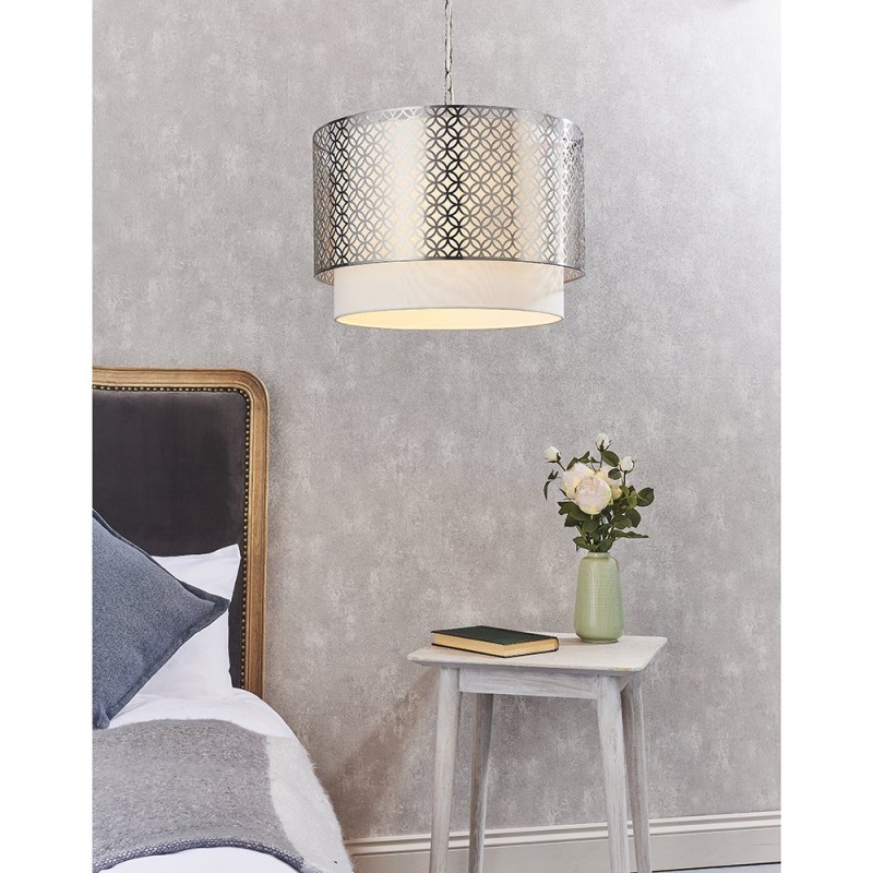 Ceiling Lights - Gilli - Vintage White Linen with Satin Nickel 3 Light Pendant Endon-78728 - Gilli - Vintage White Linen with Satin Nickel 3 Light Pendant