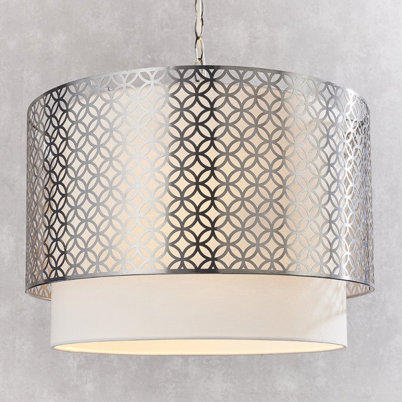 Ceiling Lights - Gilli - Vintage White Linen with Satin Nickel 3 Light Pendant Endon-78728 - Gilli - Vintage White Linen with Satin Nickel 3 Light Pendant