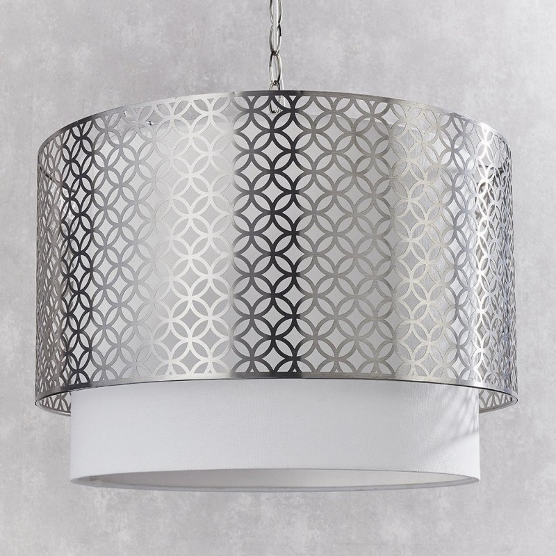 Ceiling Lights - Gilli - Vintage White Linen with Satin Nickel 3 Light Pendant Endon-78728 - Gilli - Vintage White Linen with Satin Nickel 3 Light Pendant