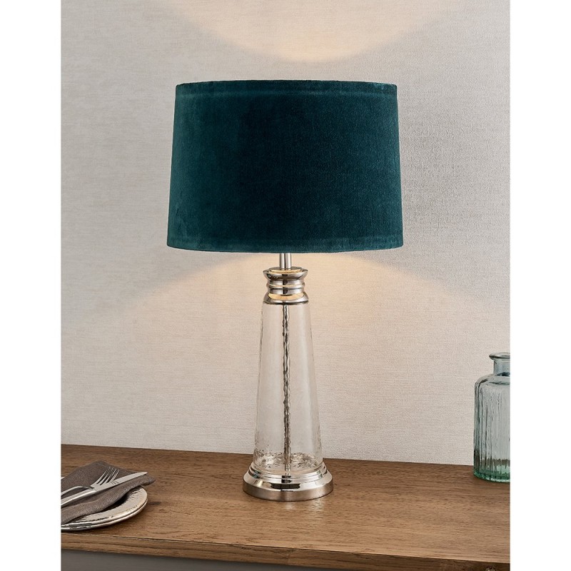 Endon-90545 - Winslet - Teal Velvet Shade & Clear Glass Table Lamp