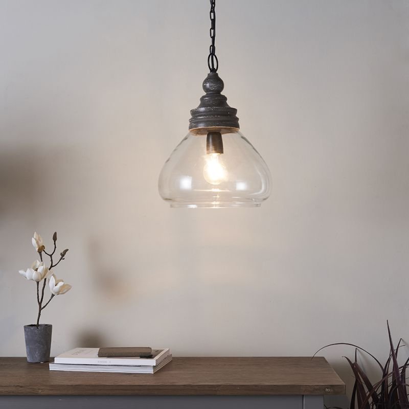 Ceiling Lights - Kerala - Clear Glass & Taupe Grey Wood Pendant Endon-90575 - Kerala - Clear Glass & Taupe Grey Wood Pendant