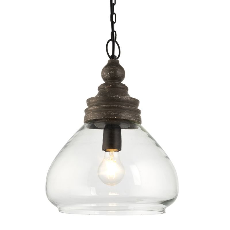 Ceiling Lights - Kerala - Clear Glass & Taupe Grey Wood Pendant Endon-90575 - Kerala - Clear Glass & Taupe Grey Wood Pendant