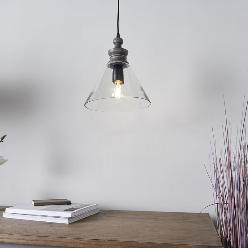 Ceiling Lights - Kerala - Clear Glass & Taupe Grey Wood Pendant Endon-90576 - Kerala - Clear Glass & Taupe Grey Wood Pendant