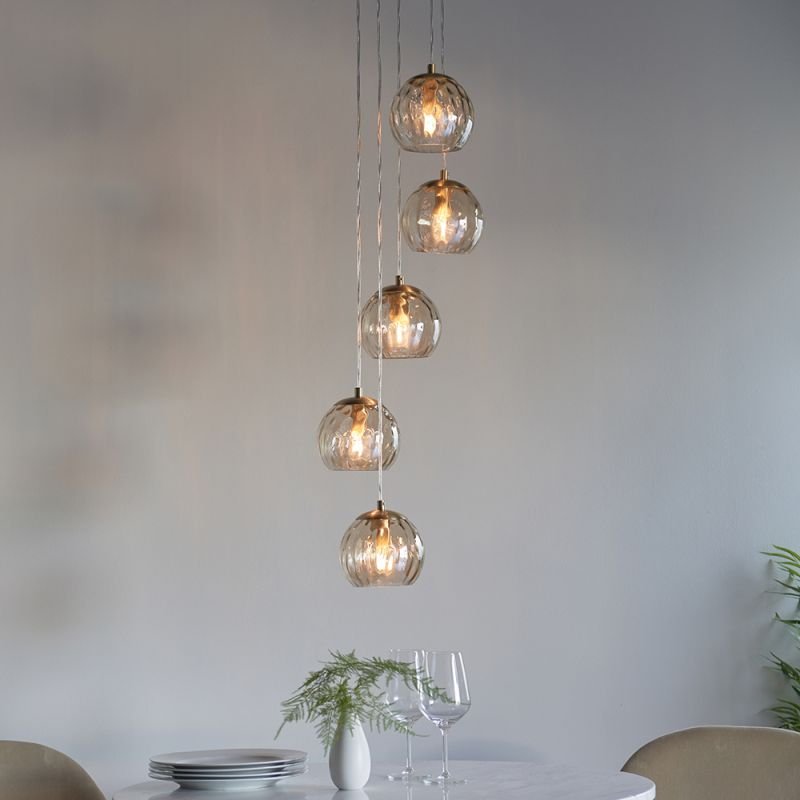 Endon-91972 - Dimple - Brushed Brass 5 Light Cluster Pendant with Amber Glasses