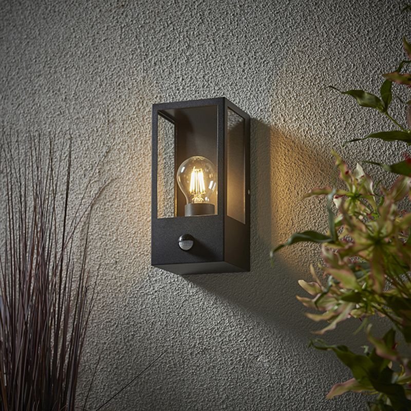 Saxby-94348 - Breton - Outdoor PIR Black Lantern Wall Lamp