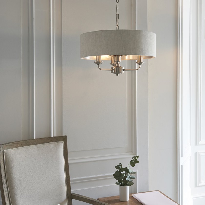 Endon-94361 - Highclere - Brushed Chrome 3 Light Pendant with Natural Linen Shade