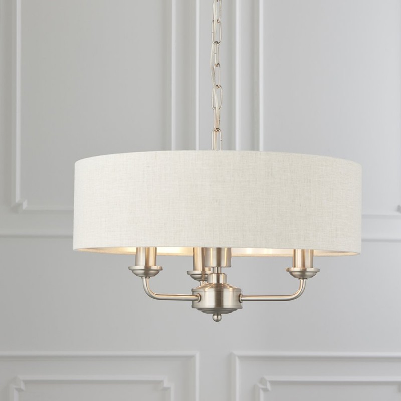 Endon-94361 - Highclere - Natural Linen & Brushed Chrome 3 Light Pendant