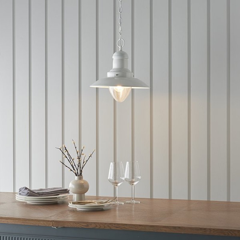 Ceiling Lights - Polperro - Cream Gloss & Clear Glass Single Pendant Endon-94371 - Polperro - Cream Gloss & Clear Glass Single Pendant